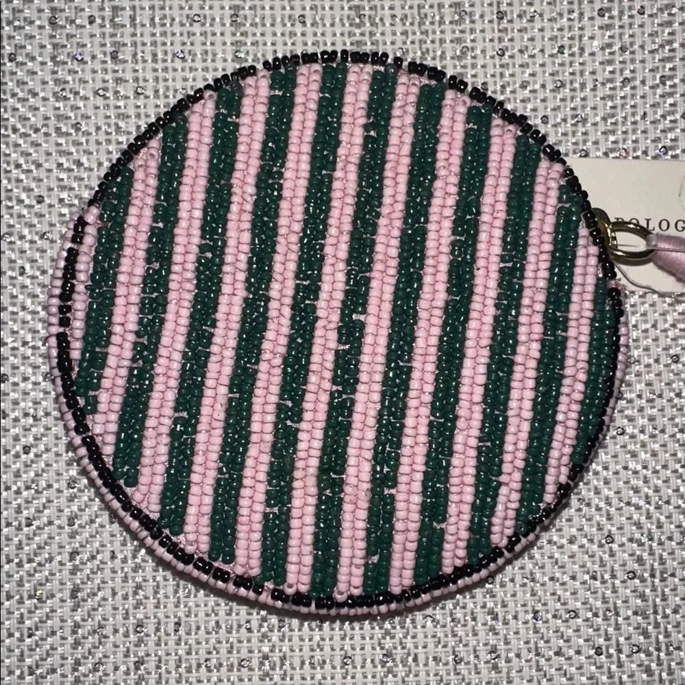 Anthropologie “ELF NOG” Nephthys Illustrated Beaded Disc Round Zip Coin Purse.